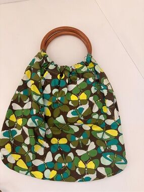 🦋💛Wood-Handle Floral Butterfly Tote Bag in Olive Green